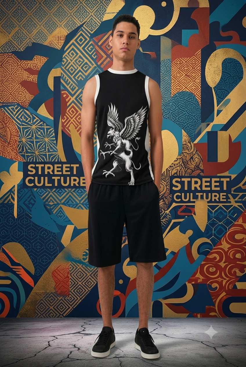 Youth Recycled Basketball Jersey Mythic Winged Beast Mesh Singlet Mythical Gryphon Black & White Jersey Tank