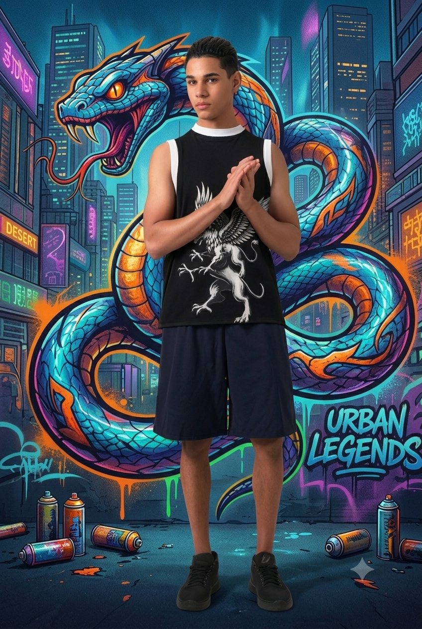 Youth Recycled Basketball Jersey Mythic Winged Beast Mesh Singlet Mythical Gryphon Black & White Jersey Tank
