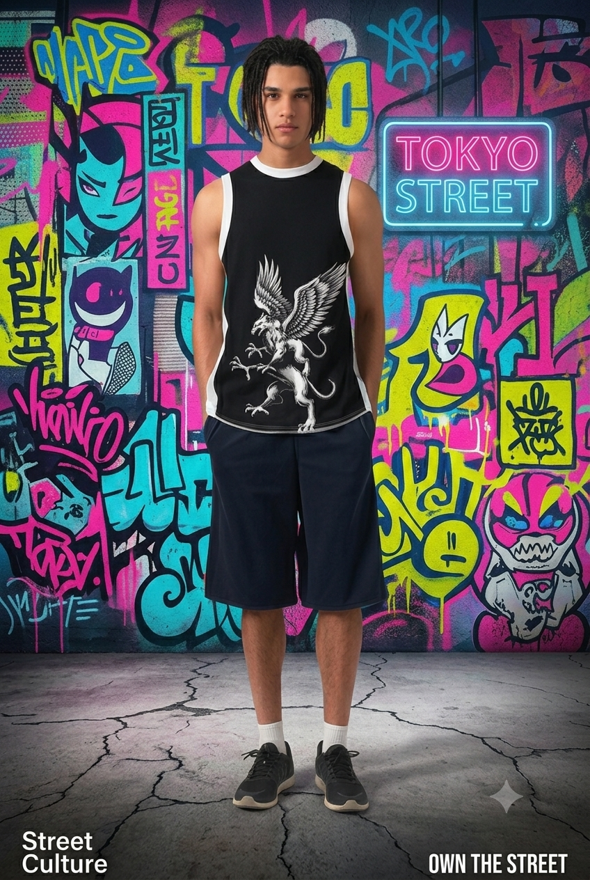 Youth Recycled Basketball Jersey Mythic Winged Beast Mesh Singlet Mythical Gryphon Black & White Jersey Tank