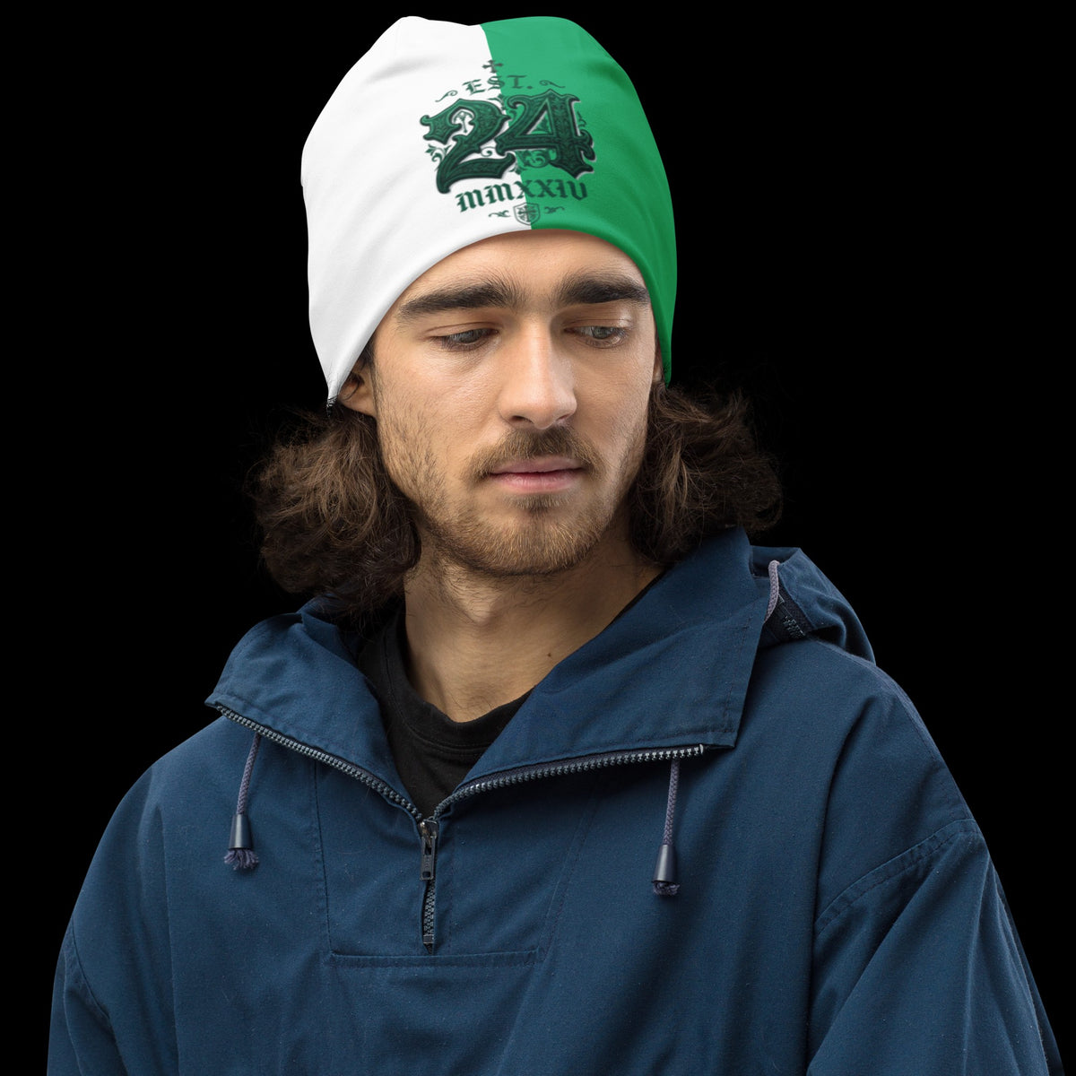 Street Culture double-layered beanie with a white and green all-over print worn by a man in a navy blue jacket