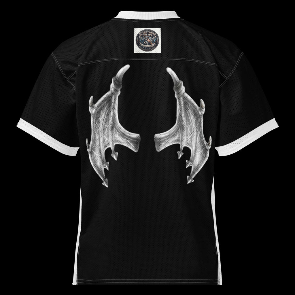 Back view of Street Culture black mesh football jersey featuring detailed white wing graphics and a V-neck collar.