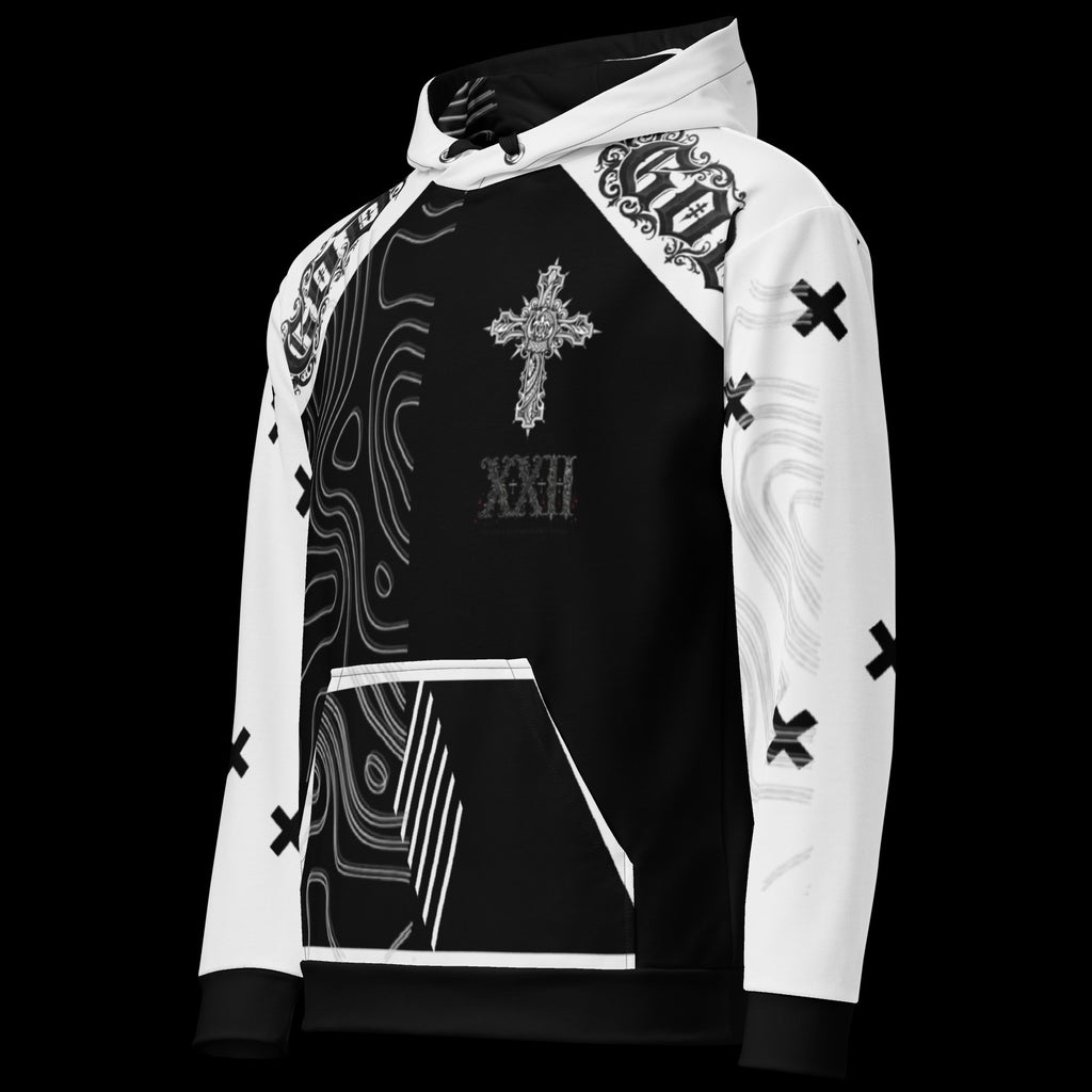 Street Culture unisex hoodie in black and white with a gothic cross print, brushed fleece lining, and drawstring hood.