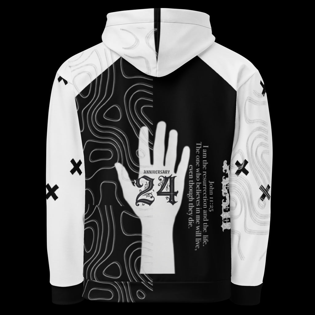 Street Culture unisex hoodie featuring a black and white topographic print, hand graphic, and religious text.