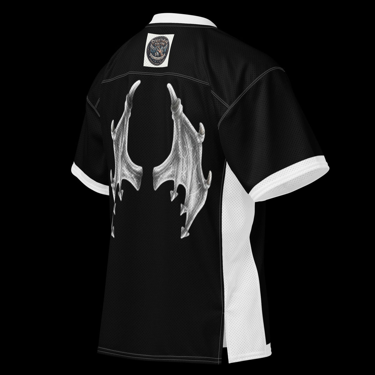 Street Culture black and white mesh football jersey featuring detailed white wing graphics on the back