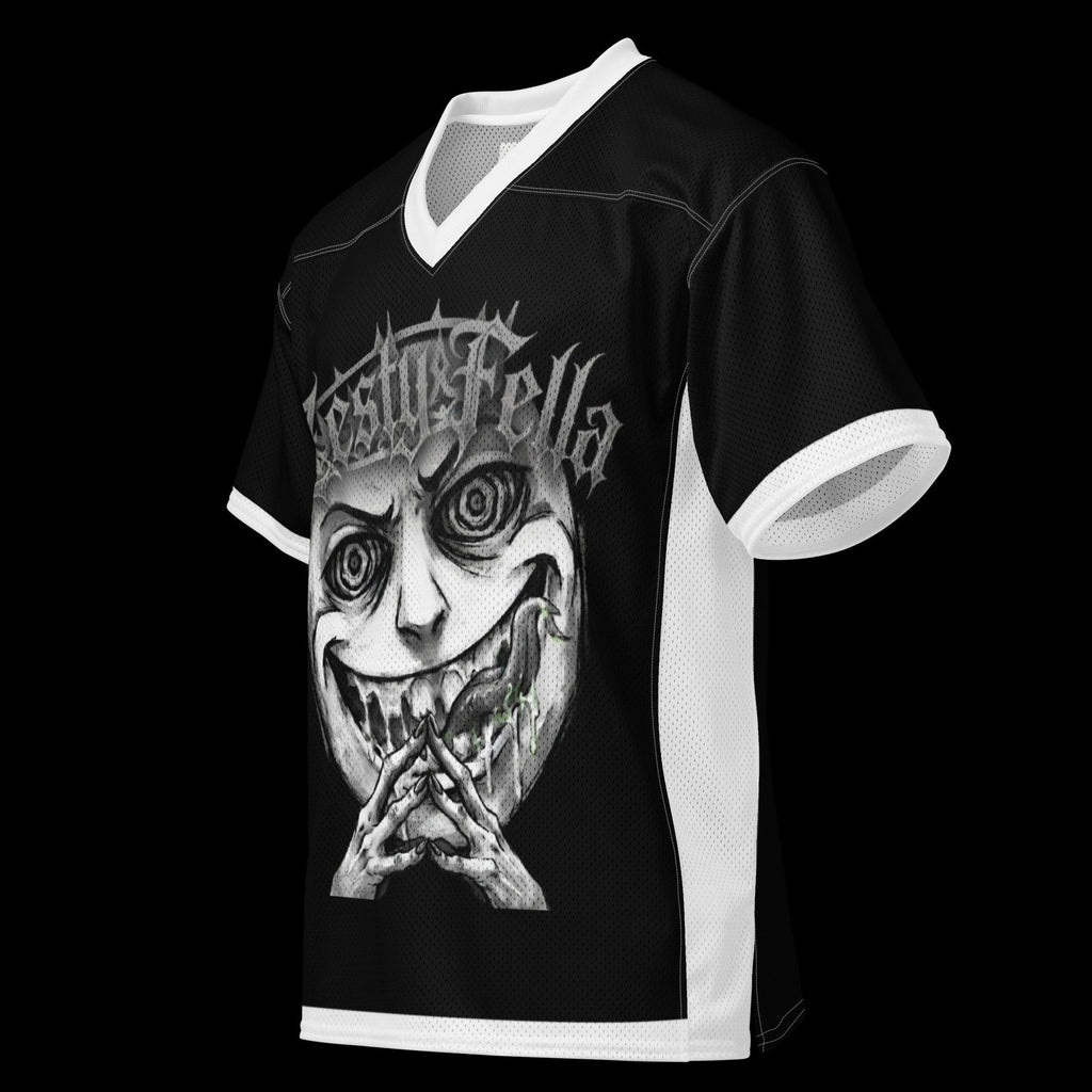 Street Culture black and white mesh football jersey featuring a sinister character graphic and V-neck collar.
