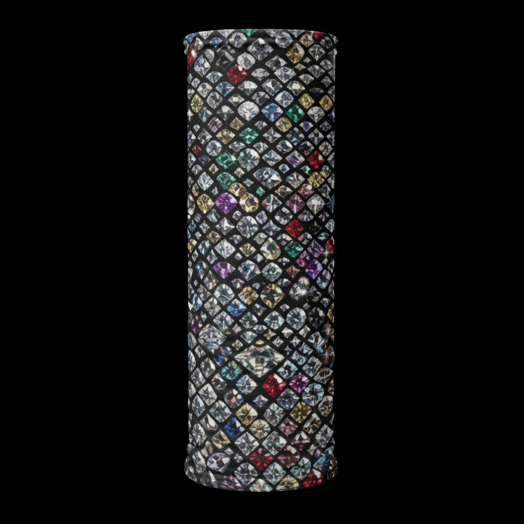 Street Culture neck gaiter featuring a vibrant multi-colored diamond pattern on a black background
