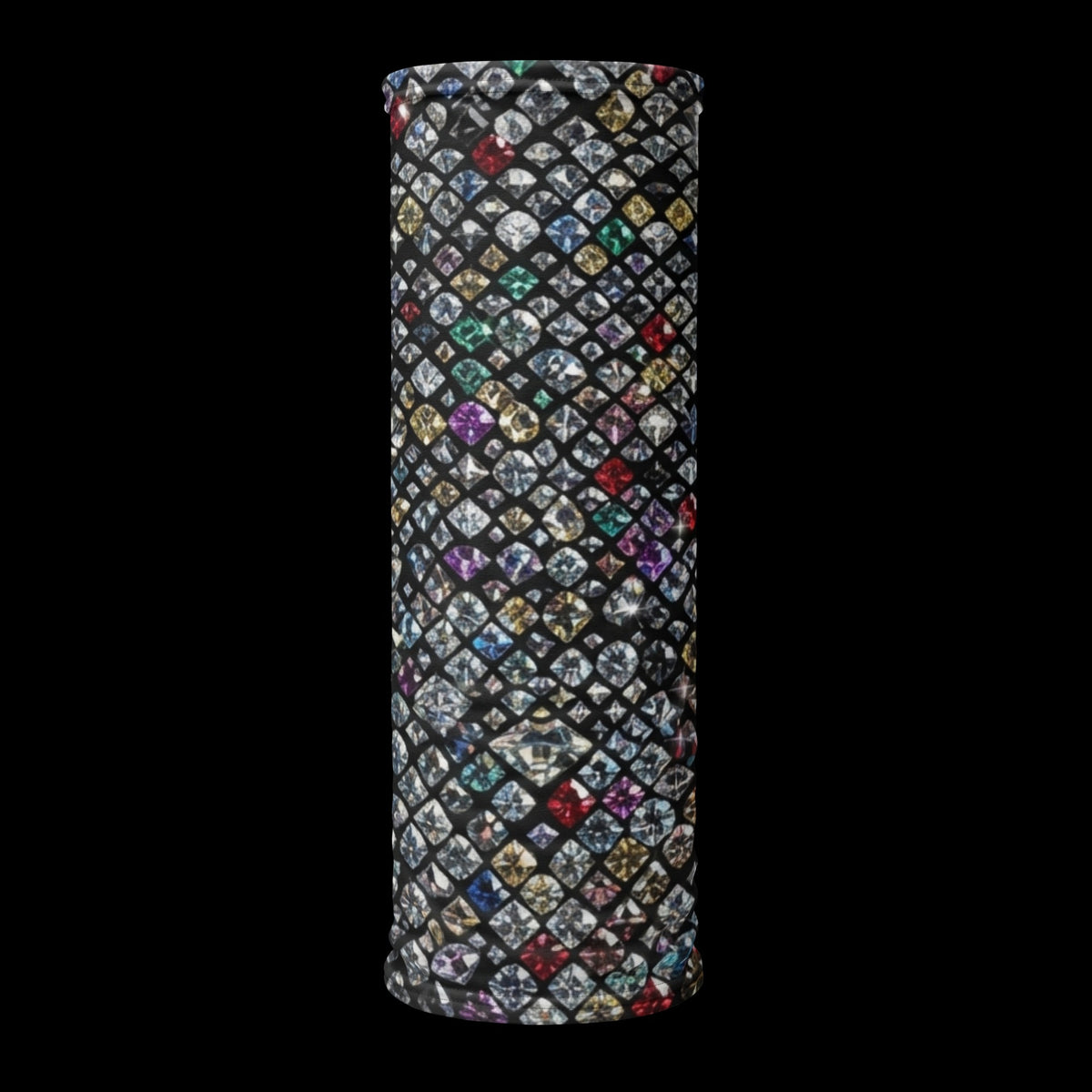 Street Culture neck gaiter featuring a vibrant multi-colored diamond pattern on a black background