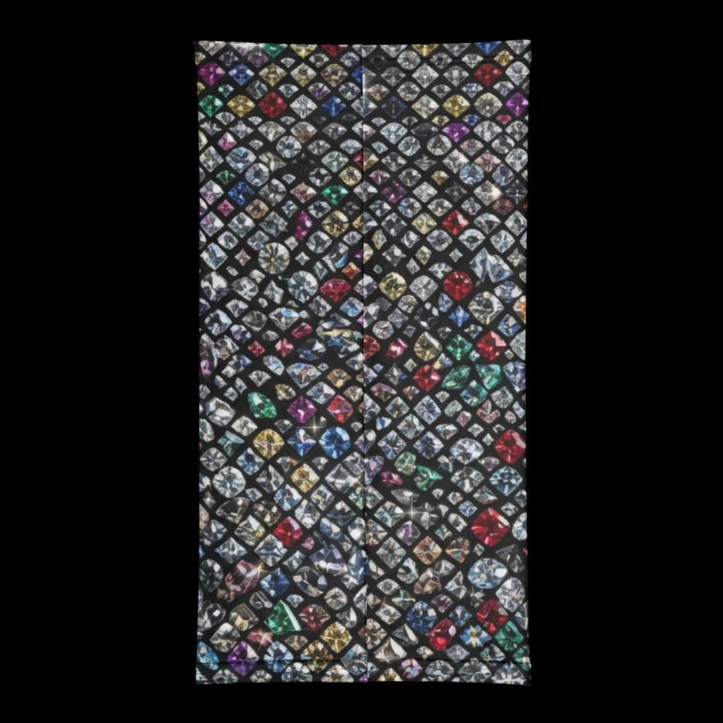 Street Culture neck gaiter featuring a vibrant, multi-colored diamond gemstone print on a black background.