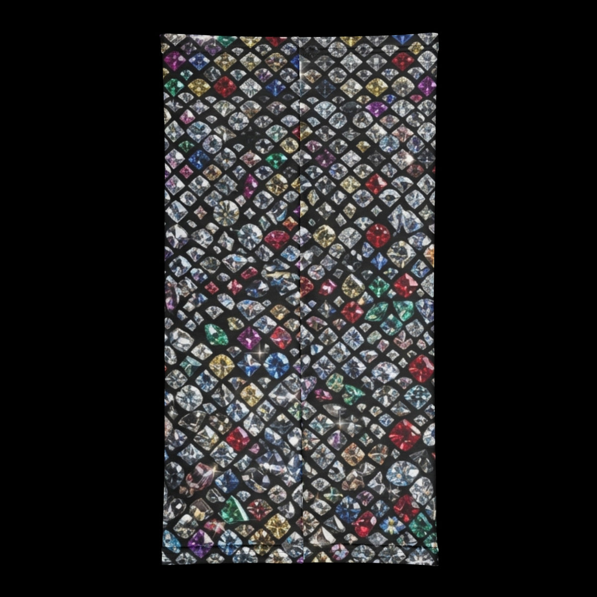 Street Culture neck gaiter featuring a vibrant, multi-colored diamond gemstone print on a black background.