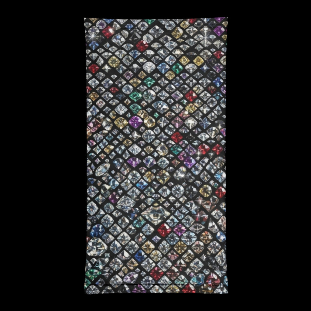 Street Culture neck gaiter featuring a vibrant diamond gemstone pattern on a black background, breathable fabric.