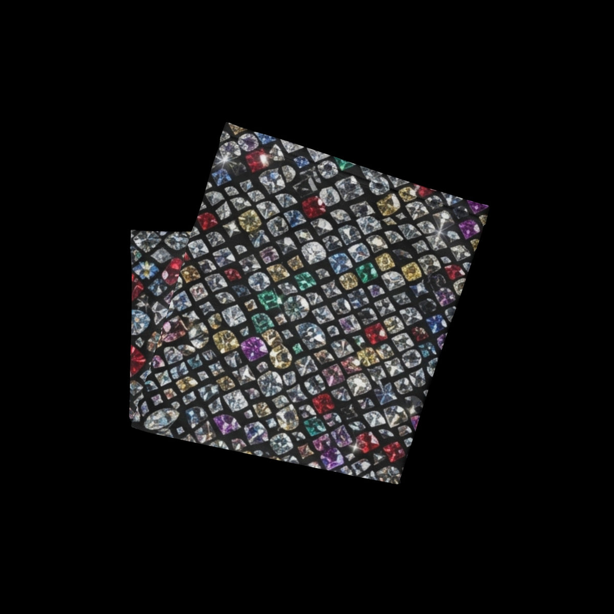 Street Culture neck gaiter featuring a vibrant mosaic pattern of colorful gemstones on a black background.