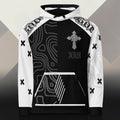 Street Culture unisex hoodie featuring a black and white gothic cross design with topographic patterns and symbols.