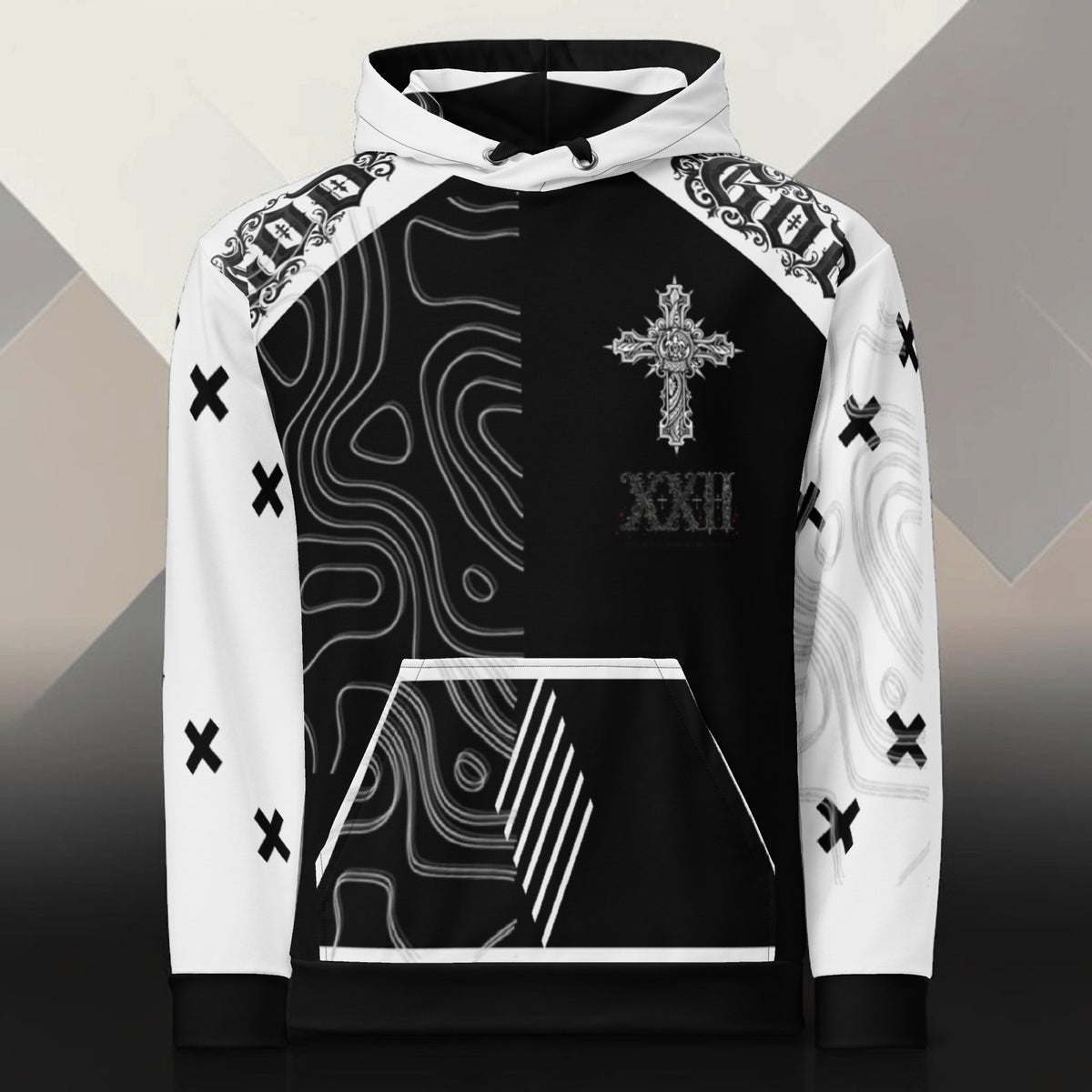 Street Culture unisex hoodie featuring a black and white gothic cross design with topographic patterns and symbols.