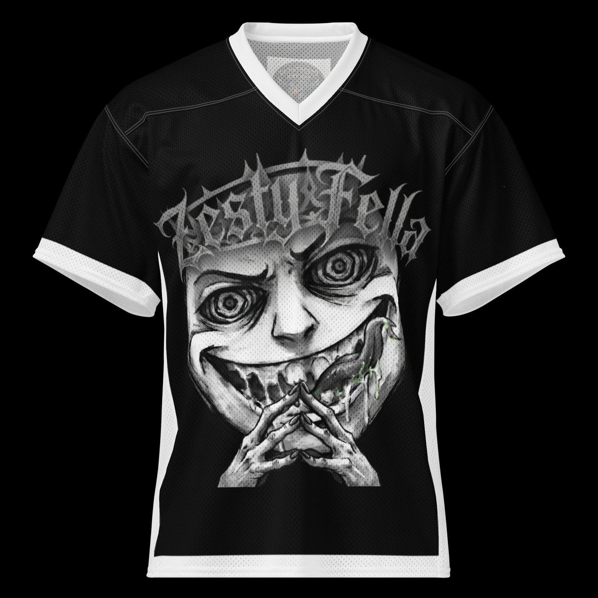 Street Culture black and white mesh football jersey featuring a sinister character graphic on the front and V-neck.