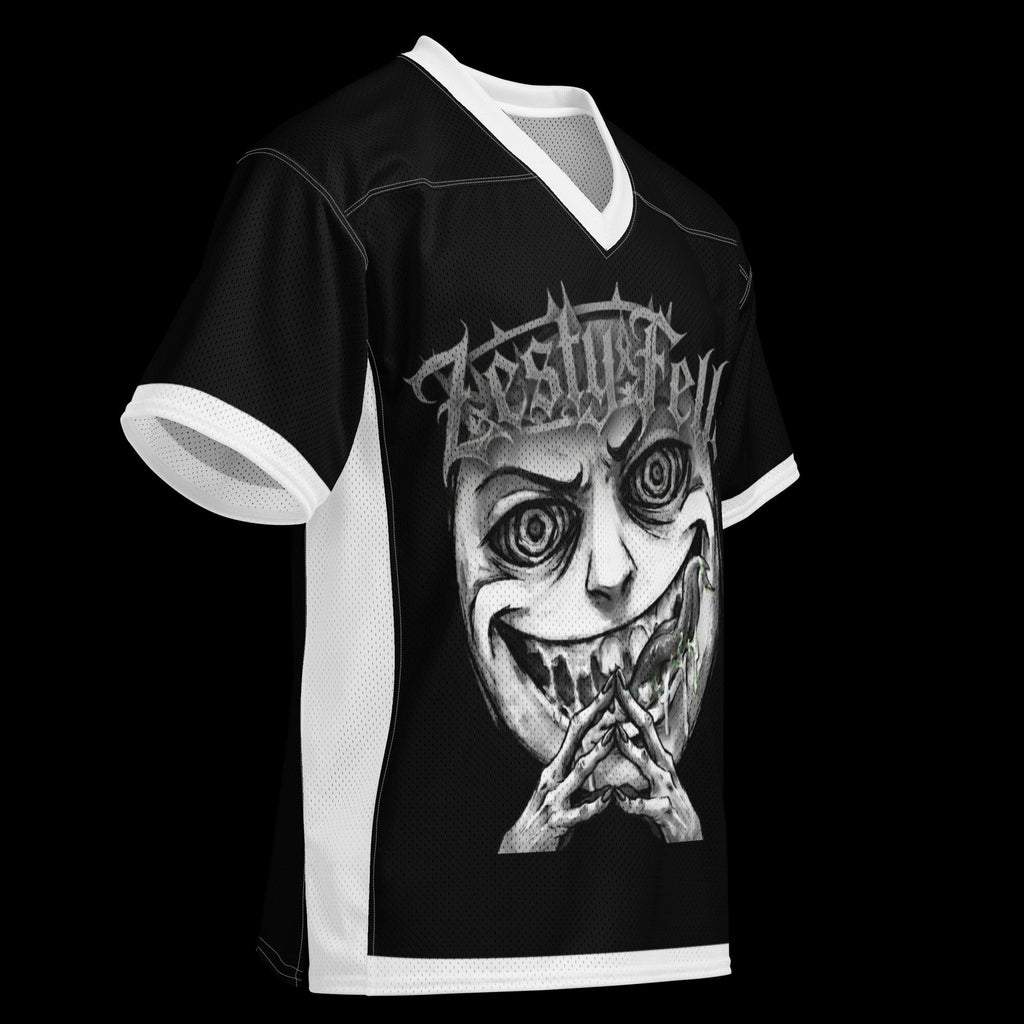 Street Culture black and white mesh football jersey featuring a sinister graphic print and V-neck collar