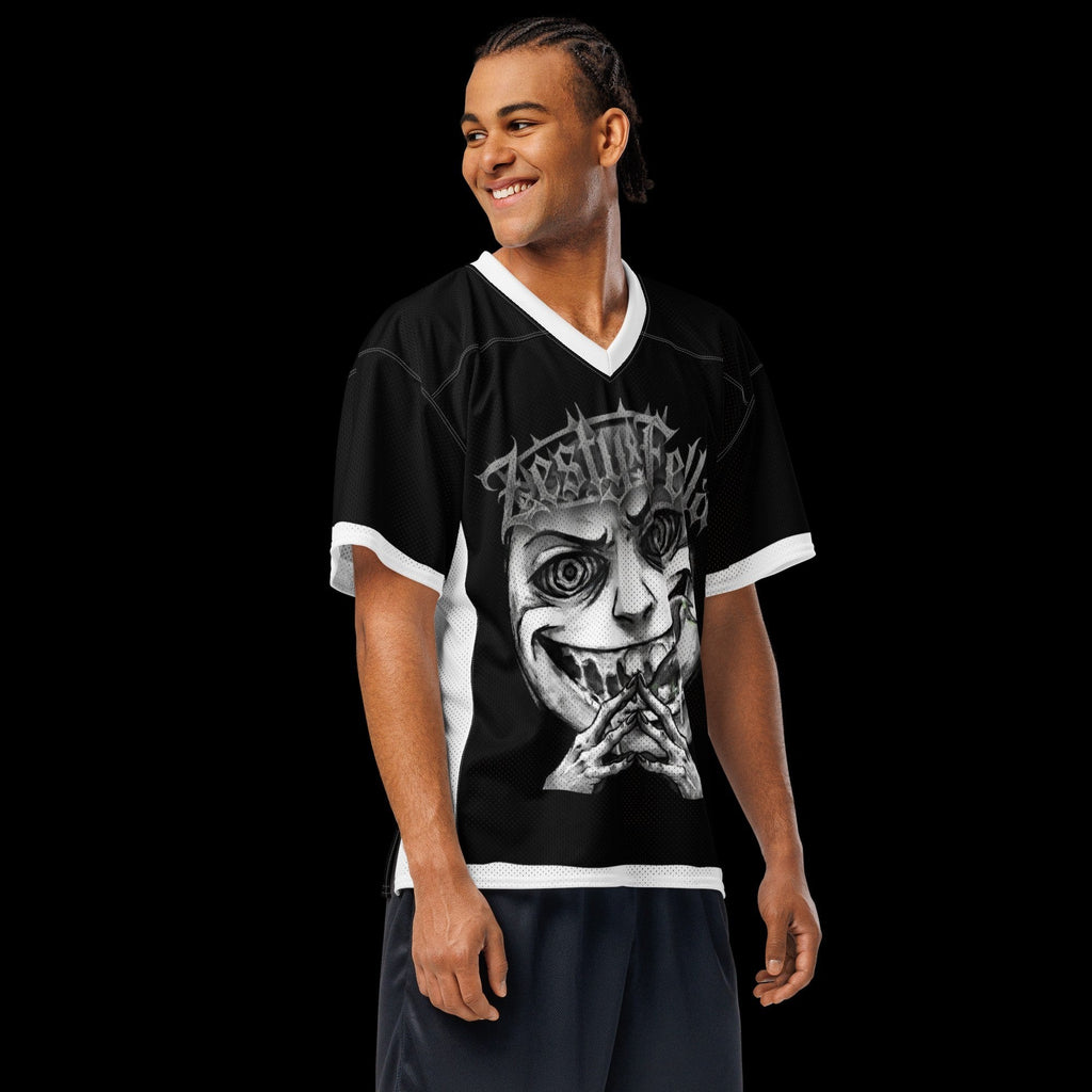 Street Culture black and white mesh football jersey with a sinister character graphic worn by a smiling man