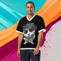 Street Culture black and white mesh football jersey with a sinister character graphic worn by a male model.