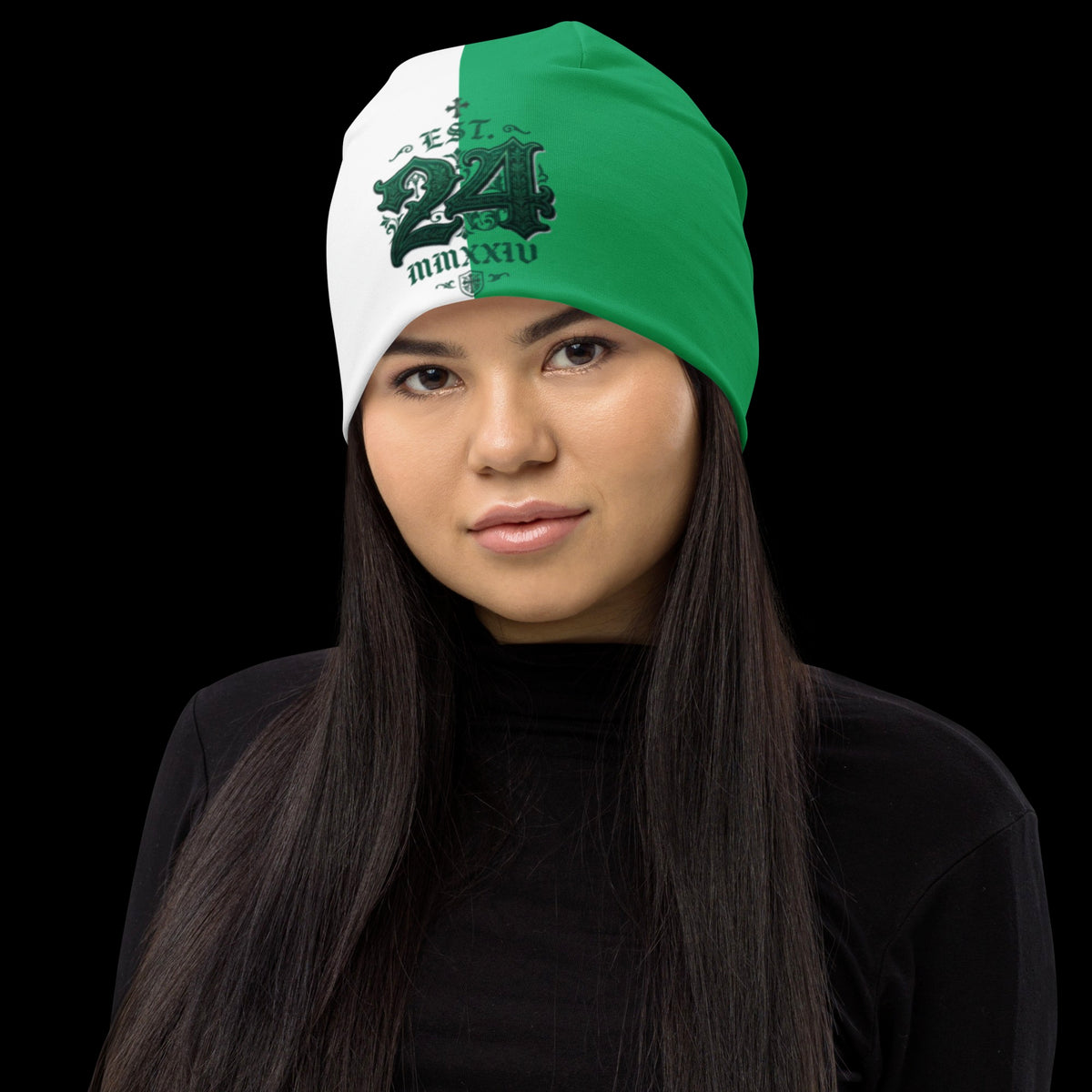 Street Culture double-layered beanie with green and white split design and 24 print worn by a woman