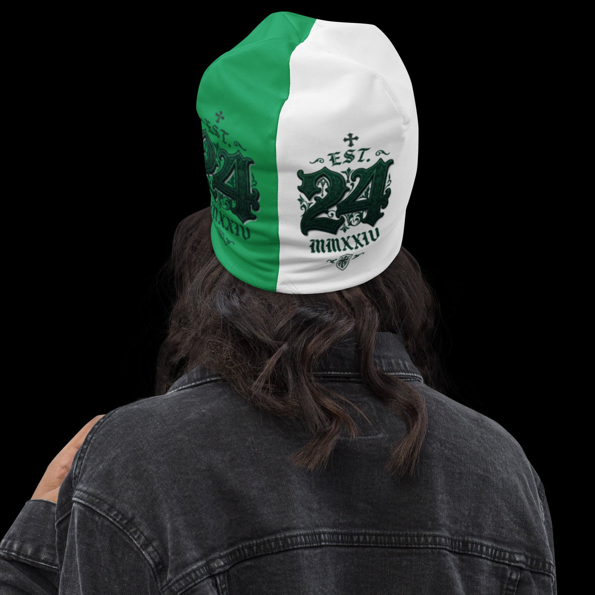 Street Culture double-layered beanie with green and white panels and a black EST 24 graphic on a model