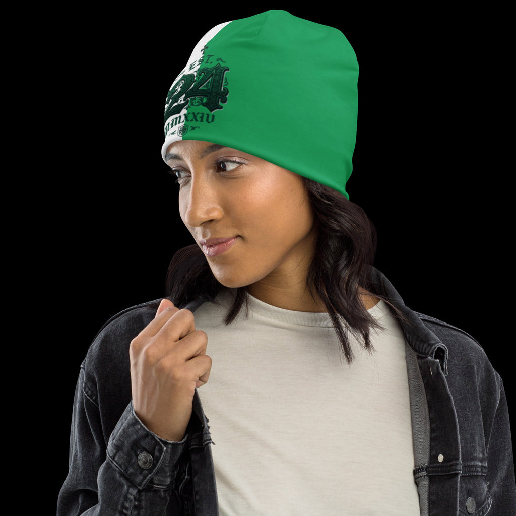 Street Culture all-over print beanie in green and white worn by a woman in a black denim jacket