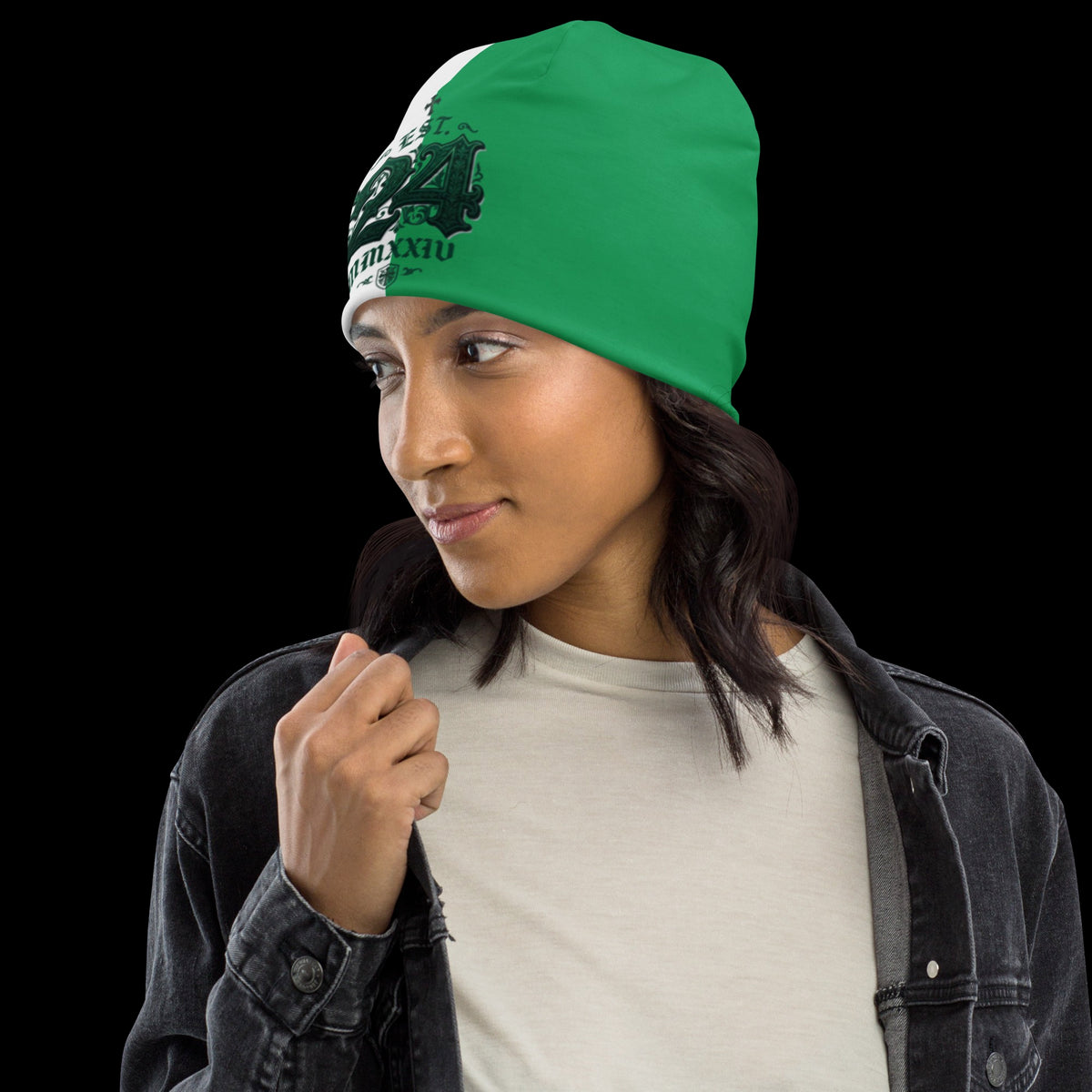 Street Culture all-over print beanie in green and white worn by a woman in a black denim jacket