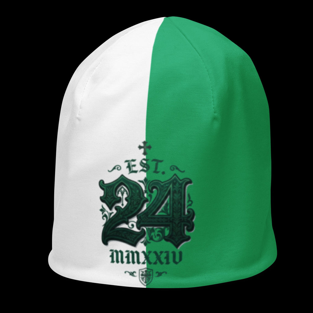 Street Culture double-layered beanie in white and green with a black 24 EST graphic print