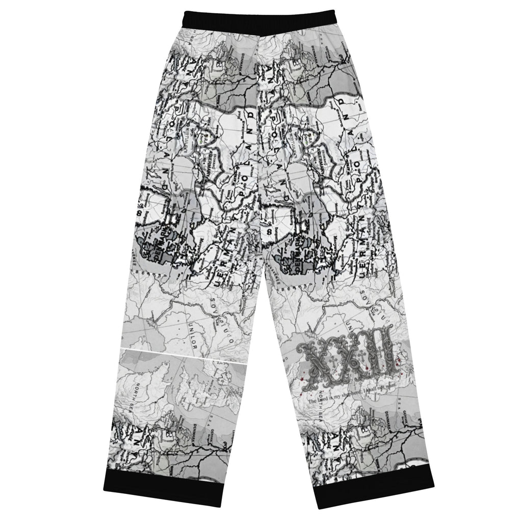 Street Culture unisex wide-leg pants featuring a black and white vintage map print with an elastic waistband.