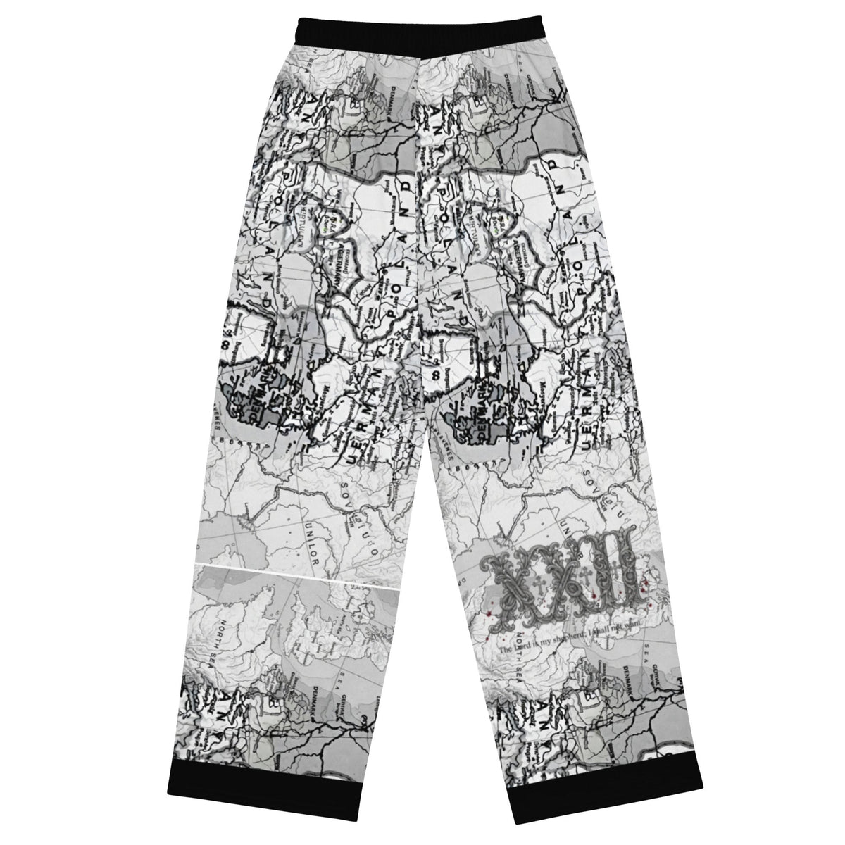 Street Culture unisex wide-leg pants featuring a black and white vintage map print with an elastic waistband.