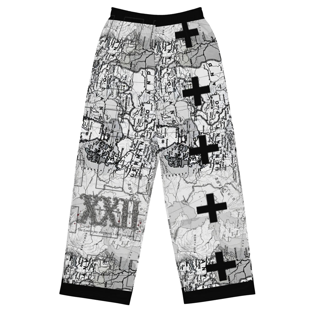 Street Culture unisex wide-leg pants featuring a black and white map print with bold black cross symbols.