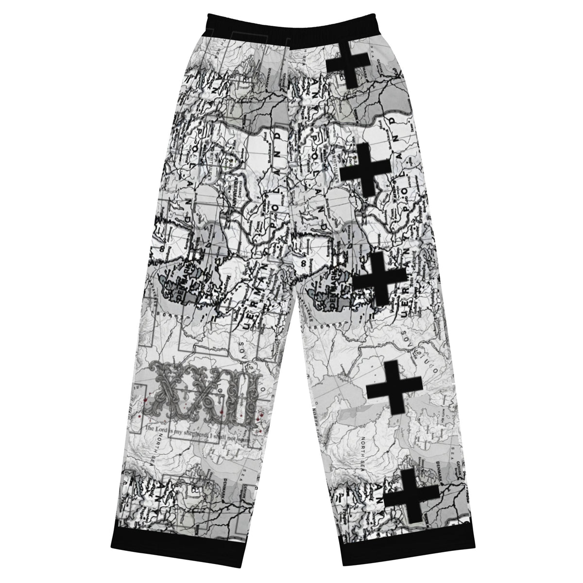 Street Culture unisex wide-leg pants featuring a black and white map print with bold black cross symbols.