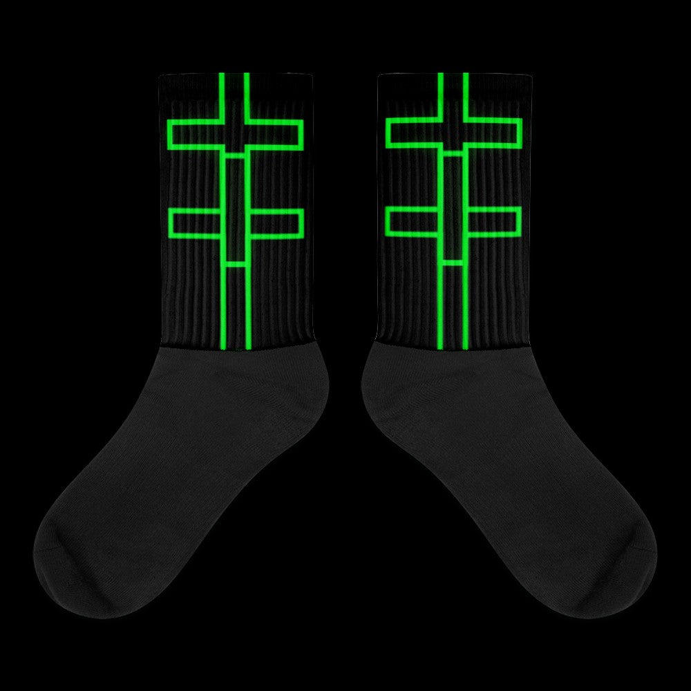 Street Culture crew socks with black foot and neon green geometric cross pattern on the ribbed leg
