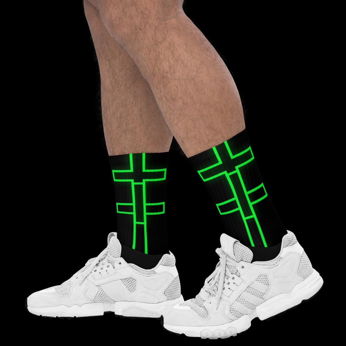 Street Culture crew socks with a black base and vibrant neon green cross graphic, featuring a cushioned sole.