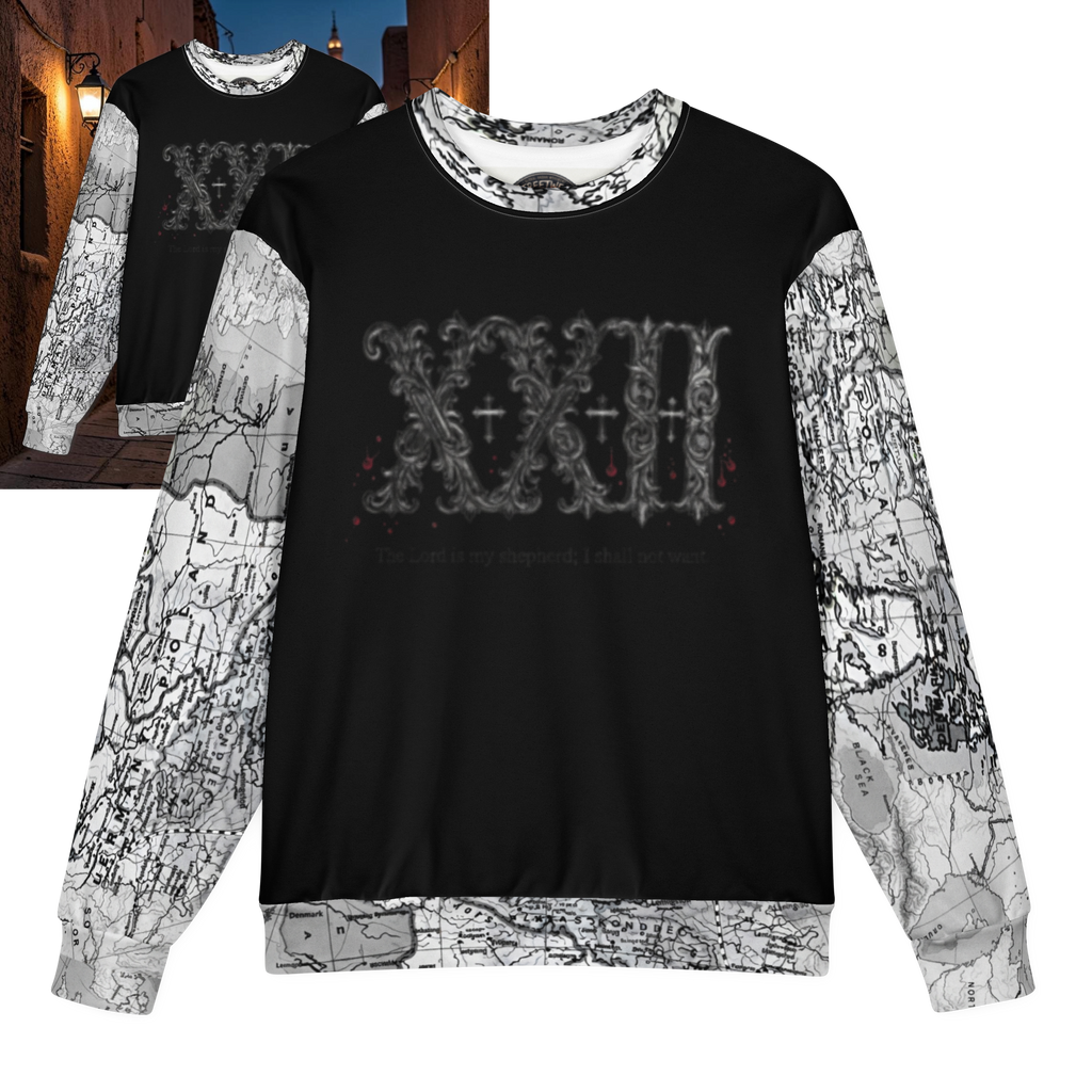 Street Culture oversized sweatshirt with black chest panel, gothic graphic, and map-print sleeves in heavyweight cotton.