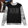 Street Culture oversized sweatshirt with black chest panel, gothic graphic, and map-print sleeves in heavyweight cotton.