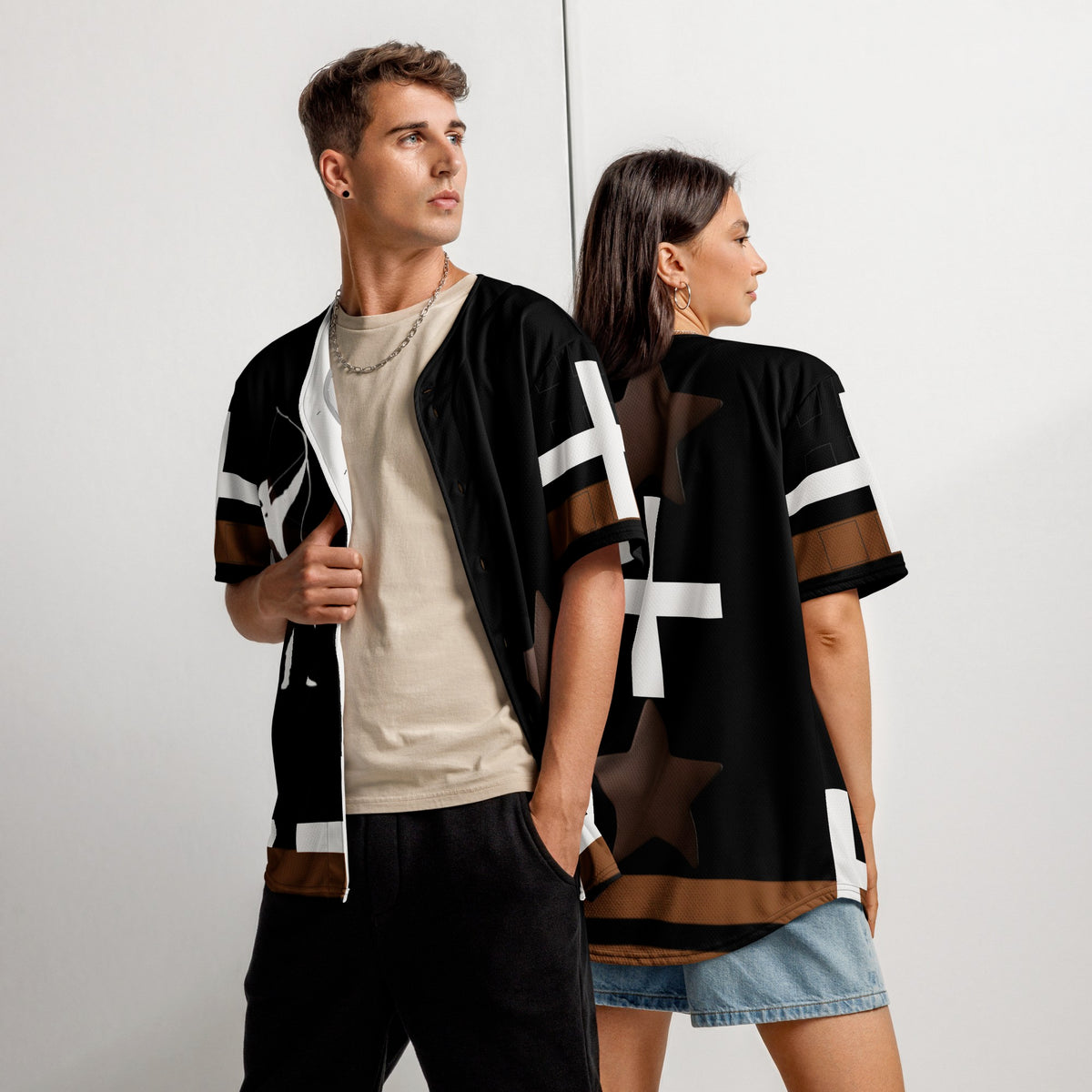 Street Culture recycled baseball jersey with black, white, and brown star design worn by a man and woman.