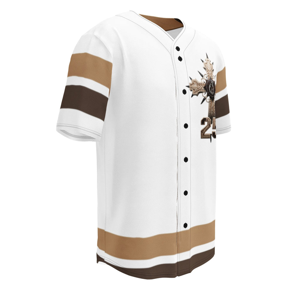 Street Culture recycled baseball jersey in white with brown and tan stripes, featuring a button-up front and cross.