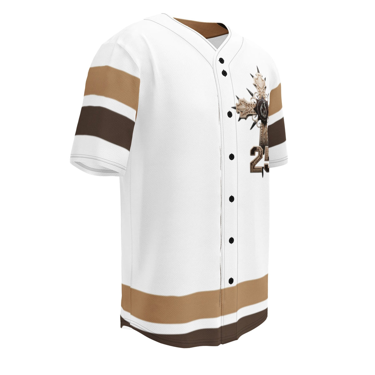 Street Culture recycled baseball jersey in white with brown and tan stripes, featuring a button-up front and cross.