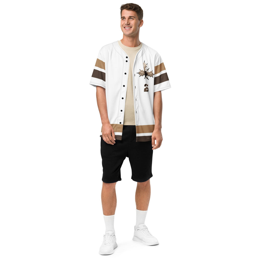 Street Culture recycled baseball jersey in white with brown stripes worn by a man with black shorts and white sneakers.