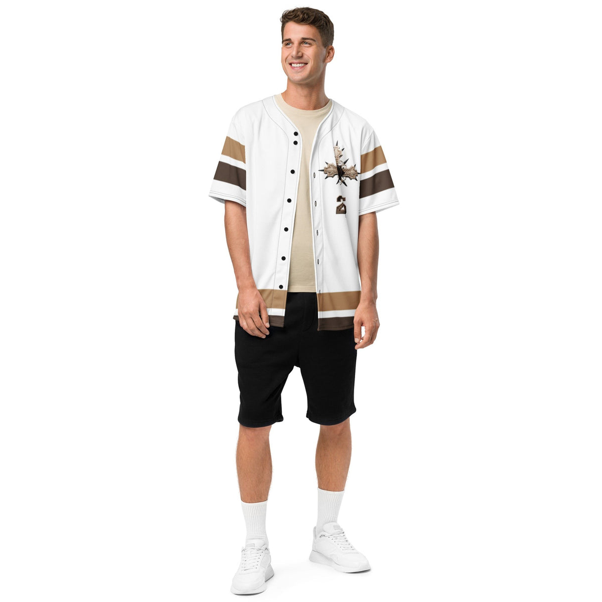 Street Culture recycled baseball jersey in white with brown stripes worn by a man with black shorts and white sneakers.
