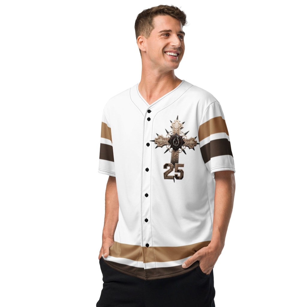 Street Culture recycled polyester baseball jersey with brown and white stripes and a cross graphic on a smiling man