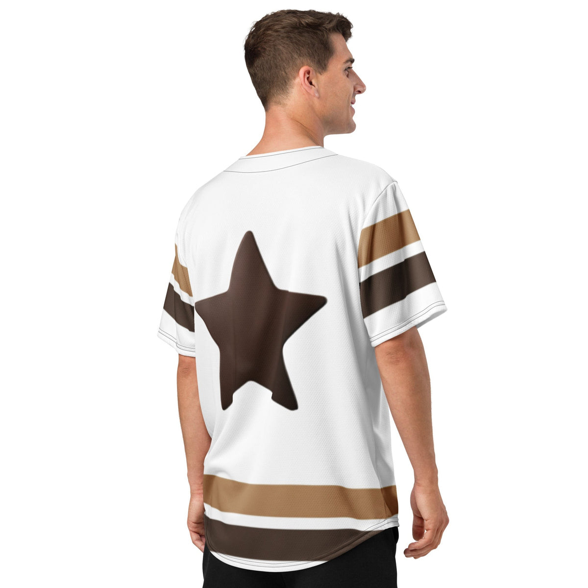 Street Culture recycled baseball jersey in white with a large brown star, brown and black stripes, and drop tail.