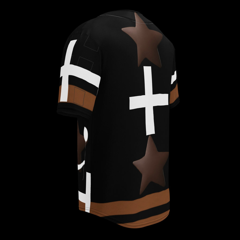 Street Culture recycled polyester baseball jersey in black with brown star and white cross graphic patterns
