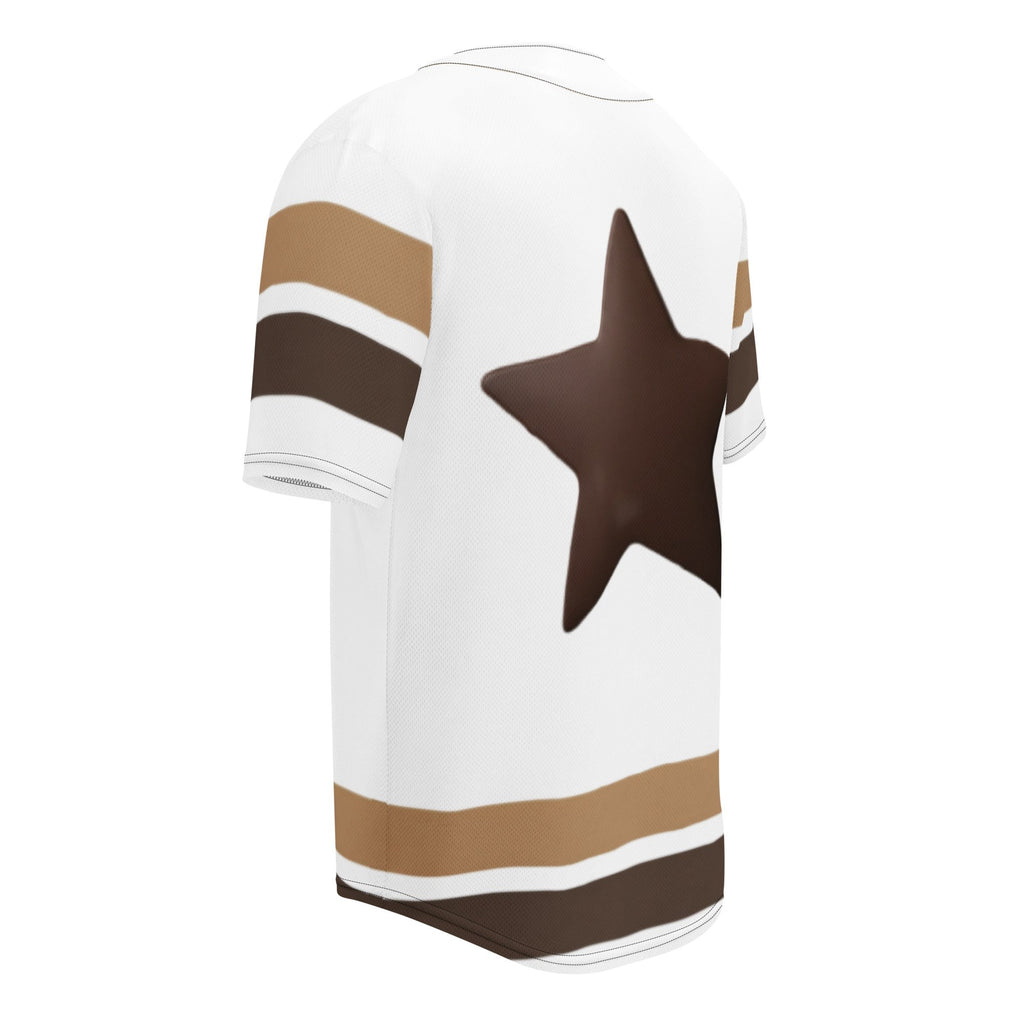 Street Culture recycled baseball jersey in white with a large brown star and striped sleeves, back view.