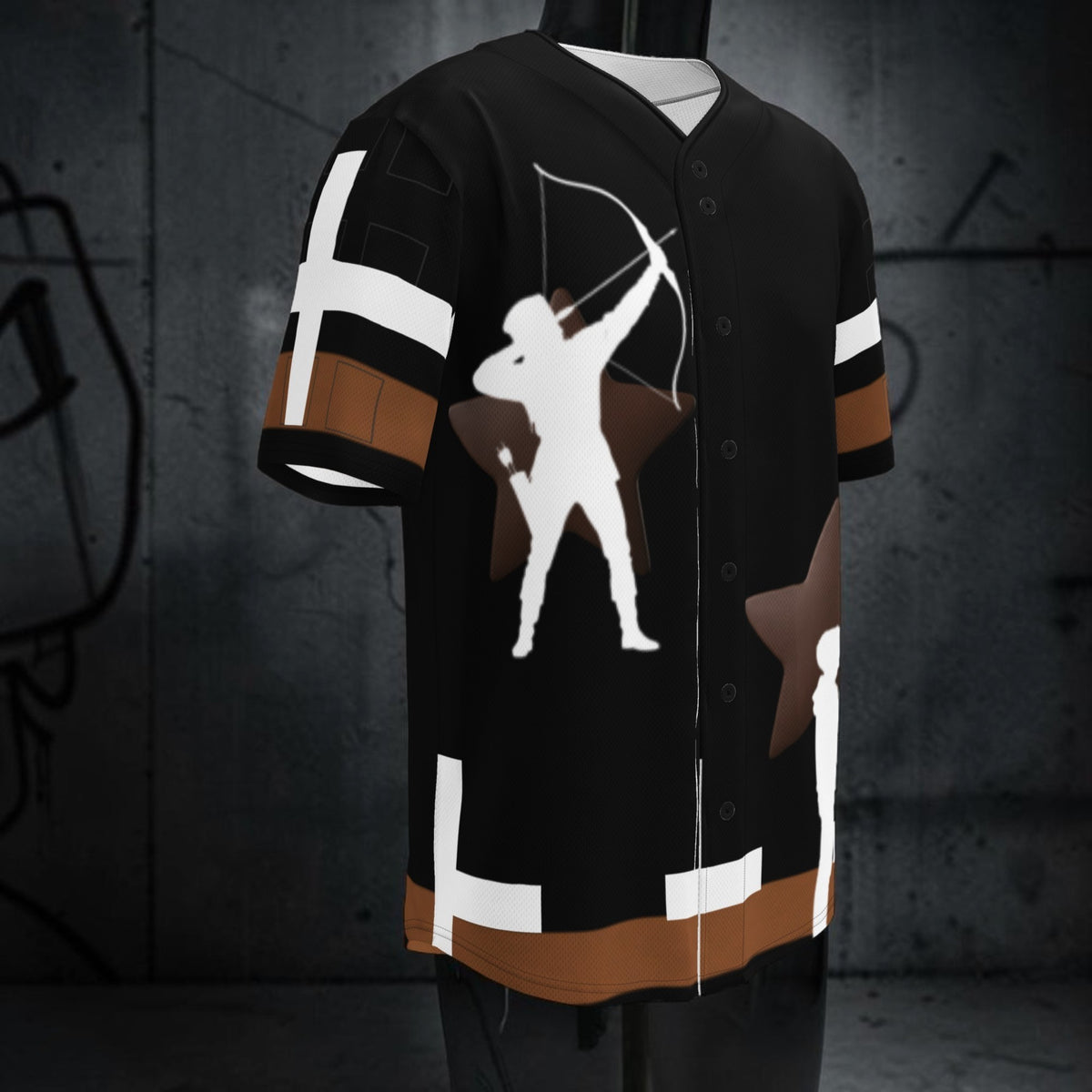 Street Culture recycled polyester baseball jersey in black with white archer graphic and brown accents.