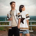 Street Culture recycled baseball jerseys on a man and woman, featuring white fabric with brown and black accents.