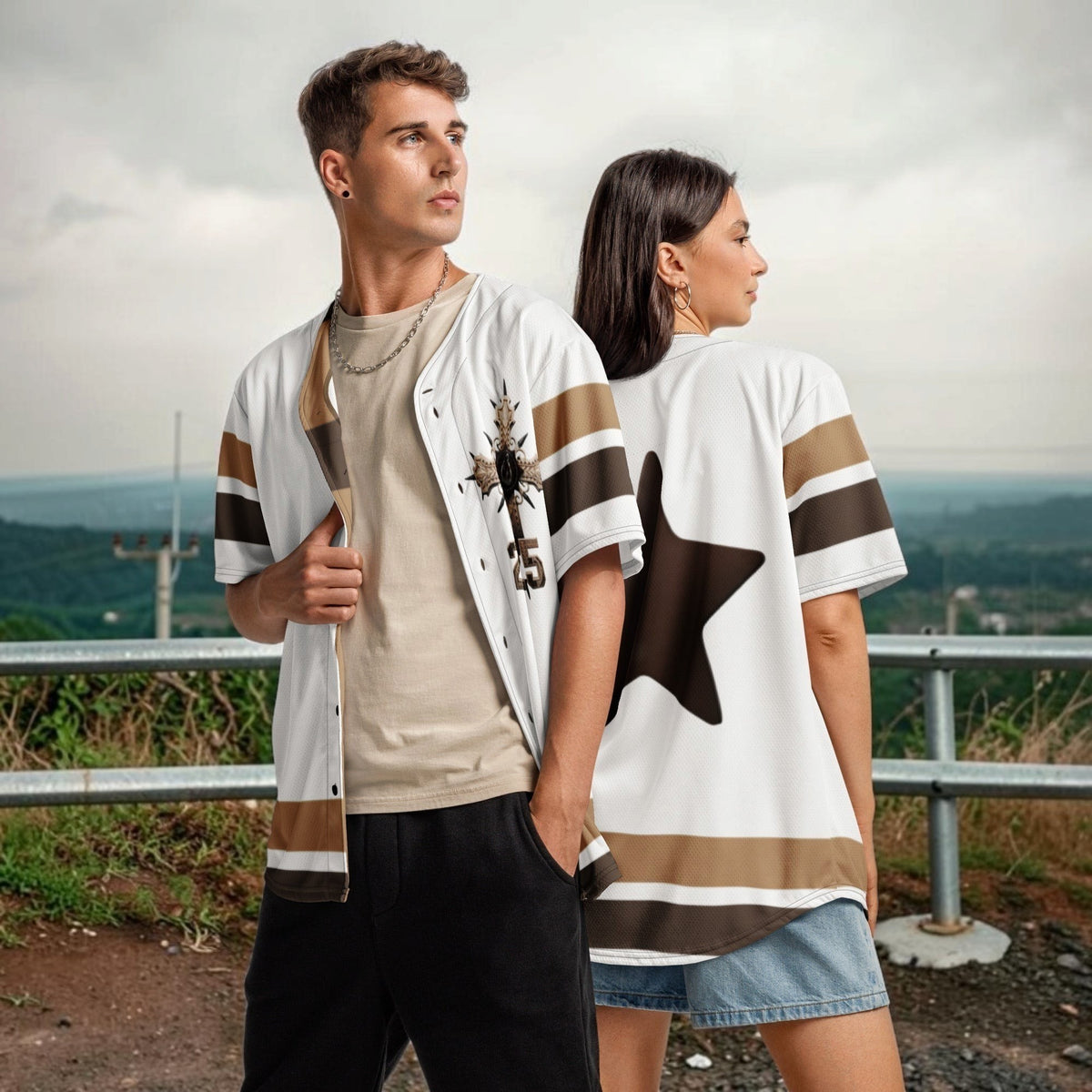 Street Culture recycled baseball jerseys on a man and woman, featuring white fabric with brown and black accents.