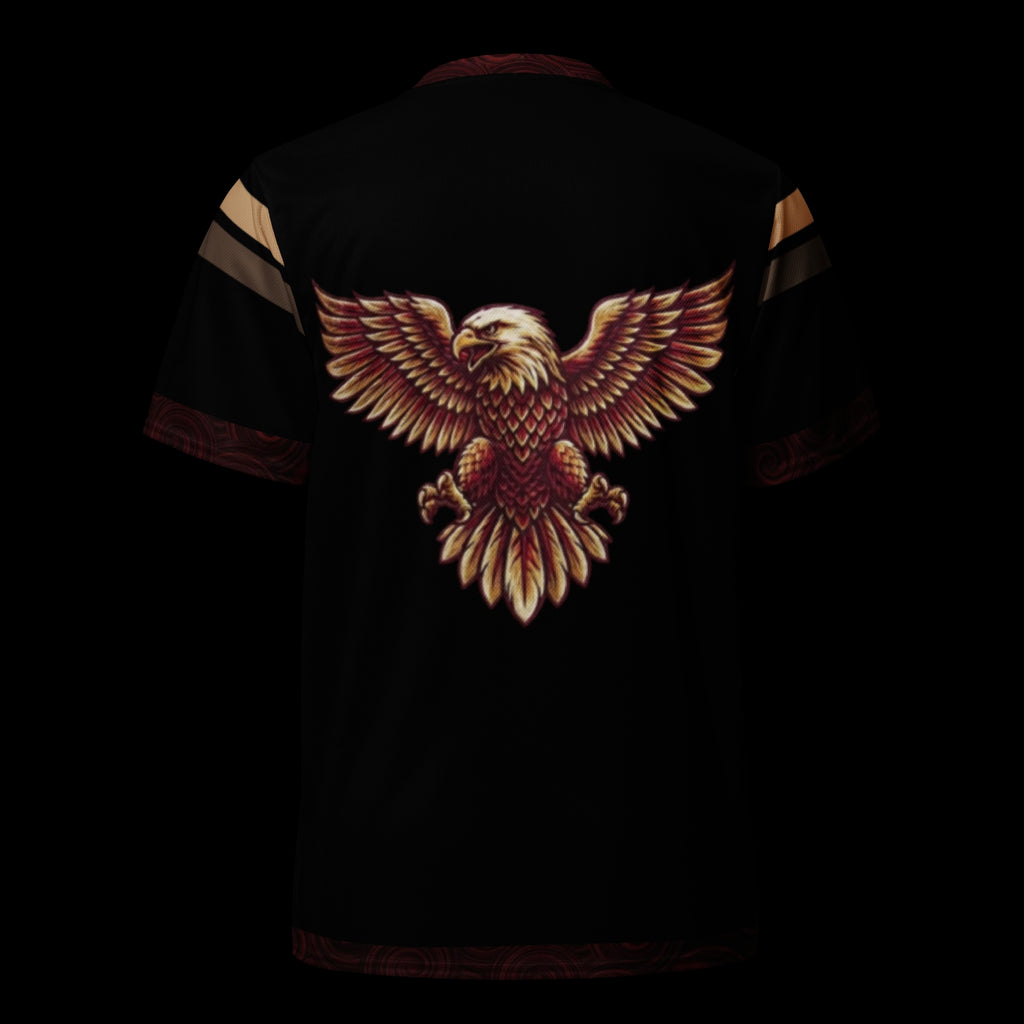 Street Culture recycled polyester sports jersey in black featuring a detailed eagle graphic on the back