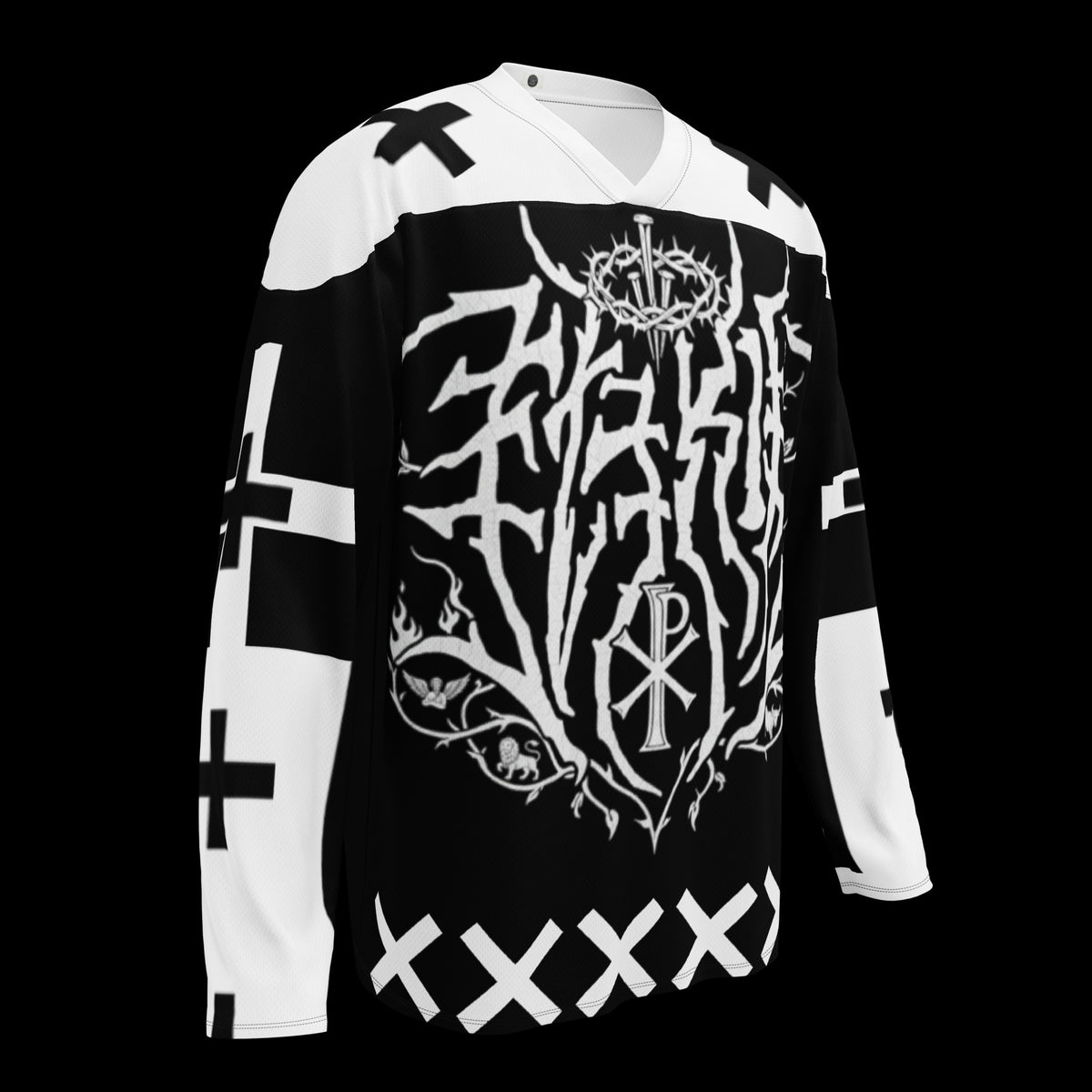 Street Culture recycled hockey jersey in black and white with gothic graphic print, V-neck, and cross patterns.