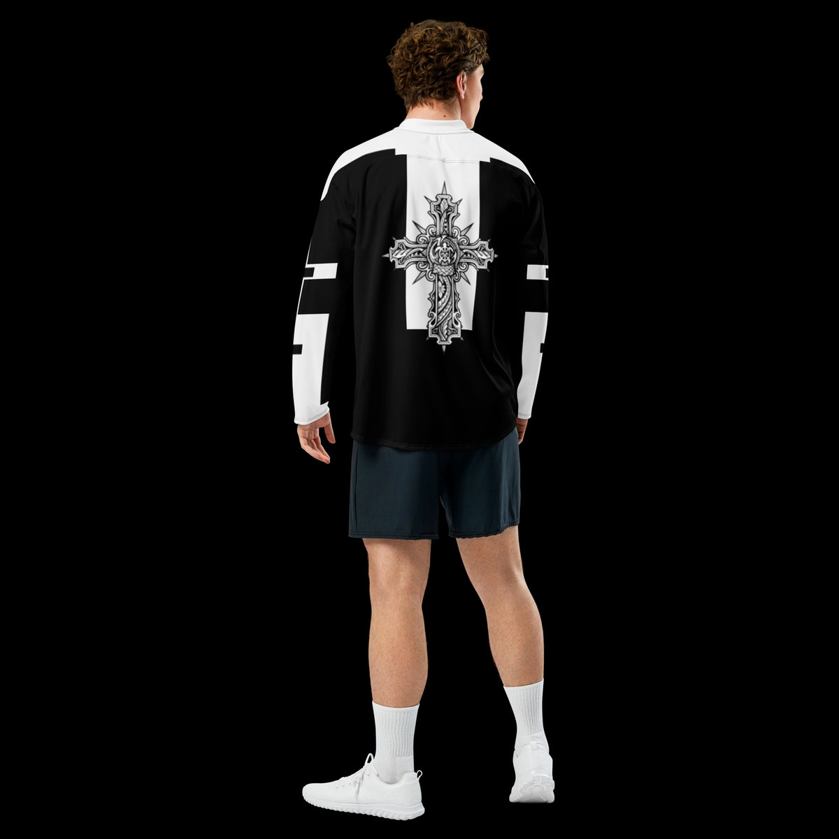 Street Culture recycled hockey jersey in black and white with a detailed cross graphic on the back, worn by a man.