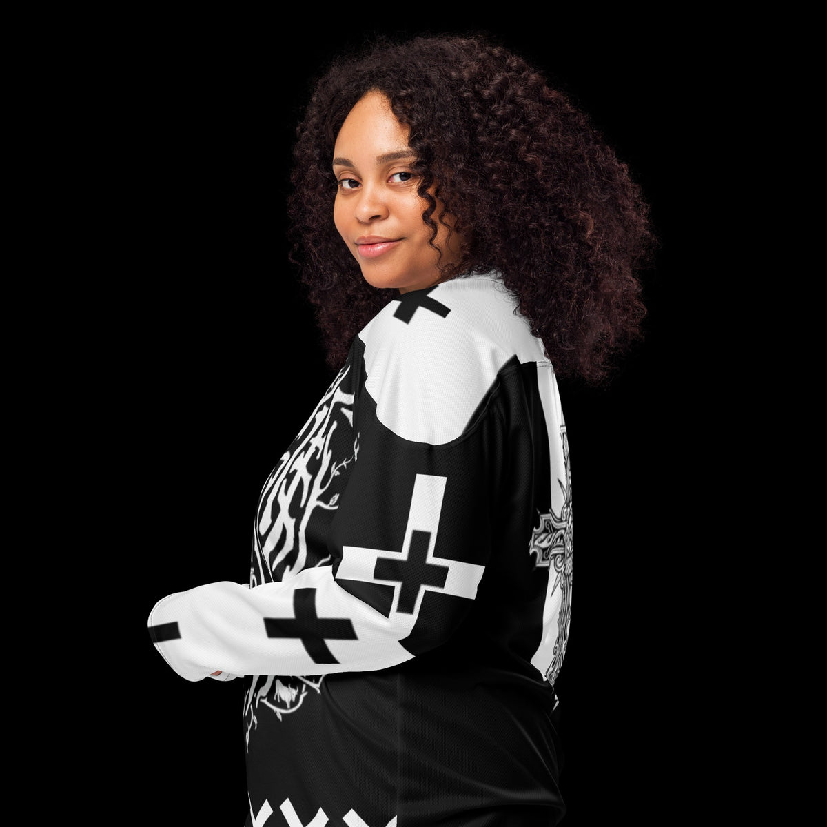 Street Culture recycled hockey jersey with black and white graphic print, v-neck, and moisture-wicking fabric.